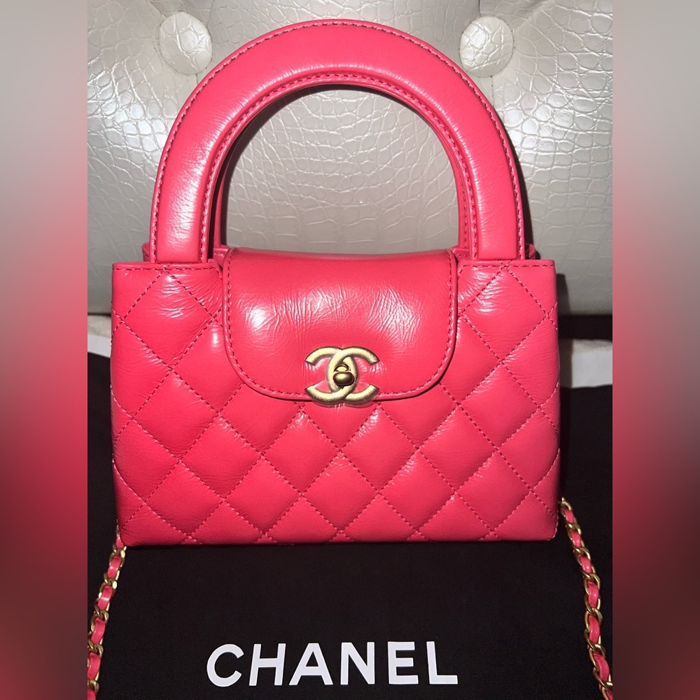 NEW Chanel Mini Kelly Nano Quilted Aged Calfskin Leather Shopping Bag Hot Pink